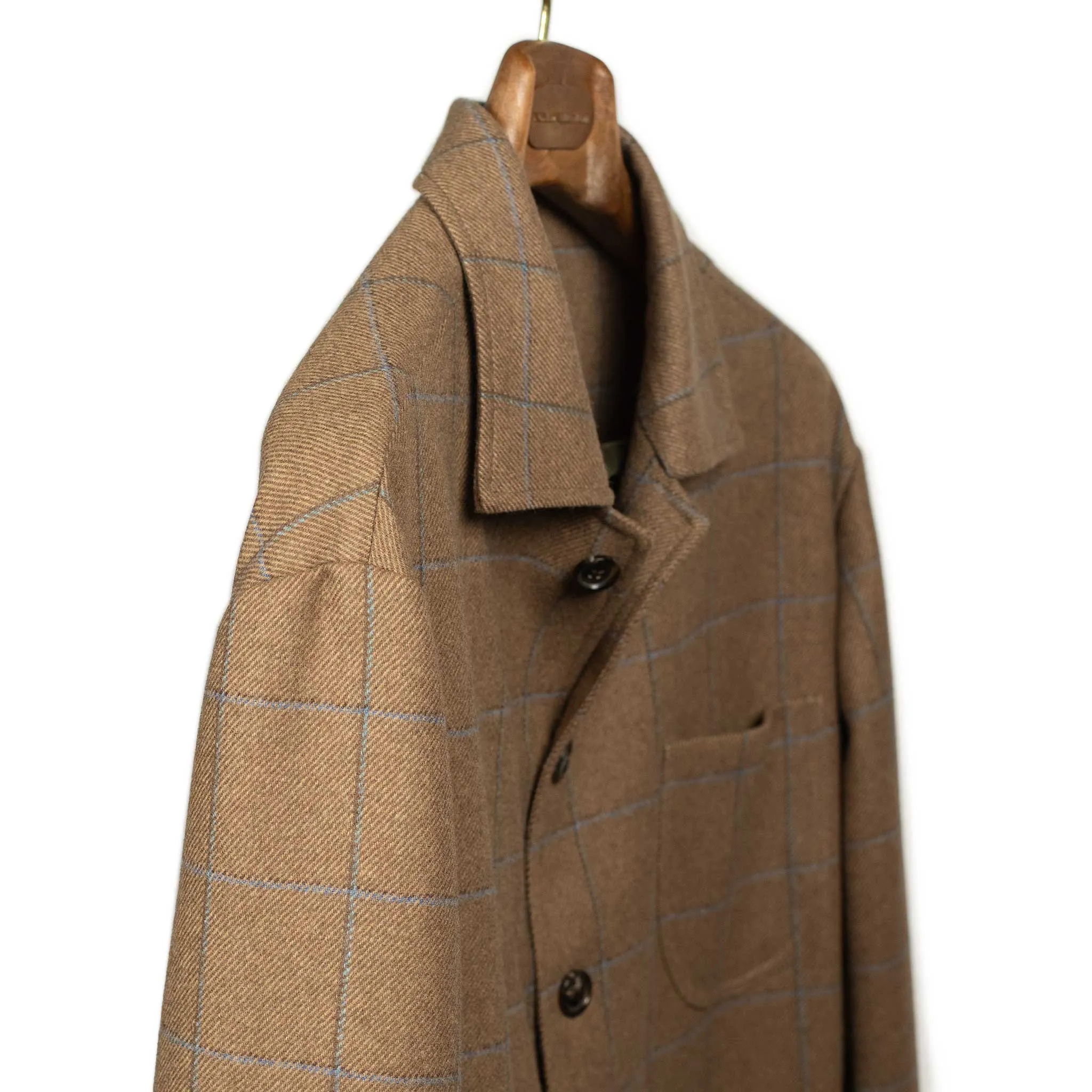 x Sartoria Carrara x Fox : chore jacket in deadstock Mocha wool flannel with brown and light blue windowpane