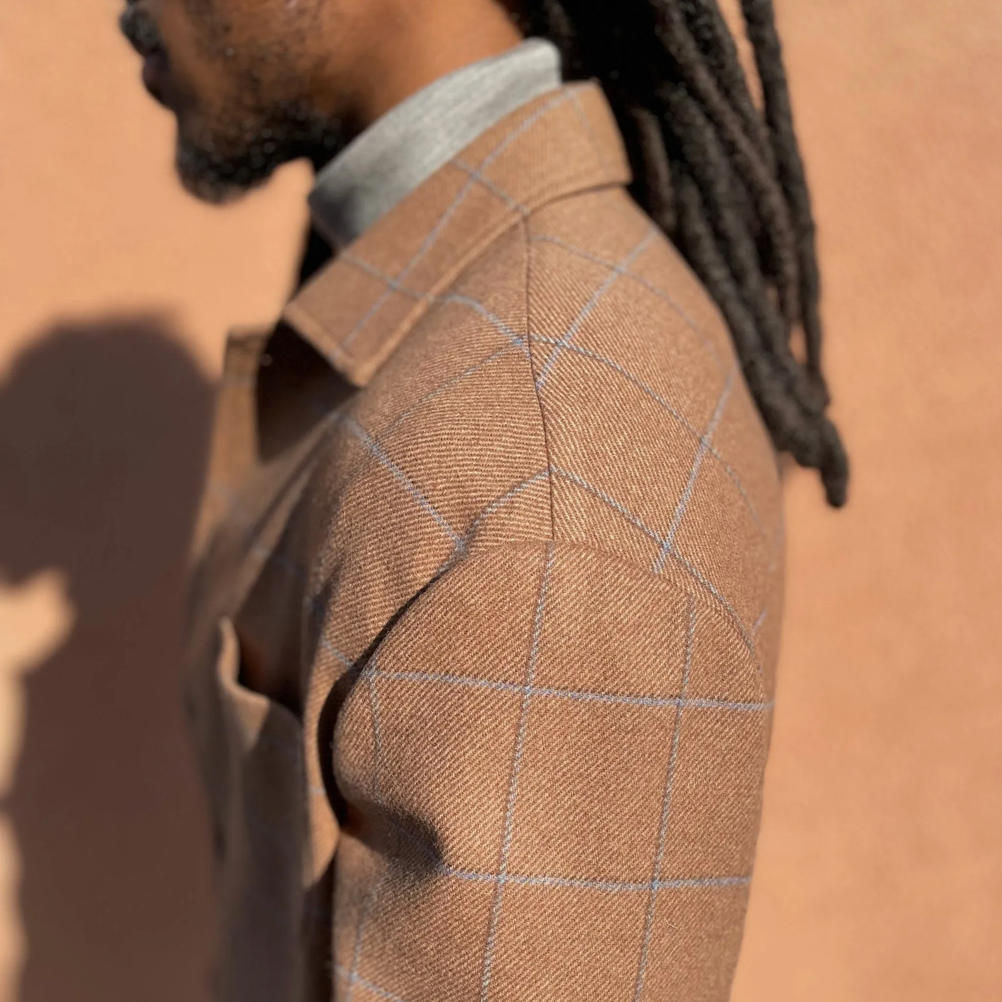 x Sartoria Carrara x Fox : chore jacket in deadstock Mocha wool flannel with brown and light blue windowpane