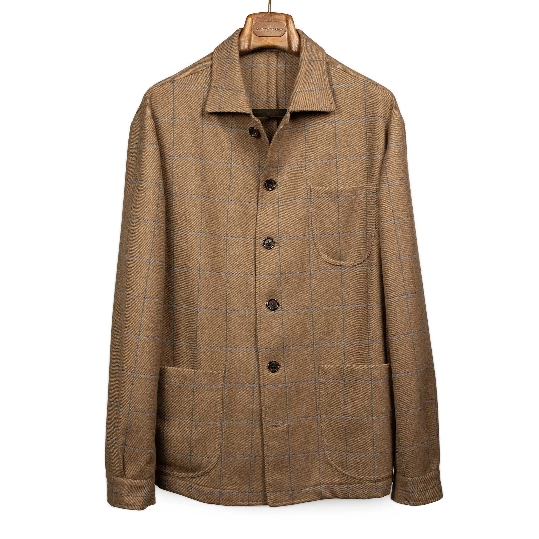 x Sartoria Carrara x Fox : chore jacket in deadstock Mocha wool flannel with brown and light blue windowpane