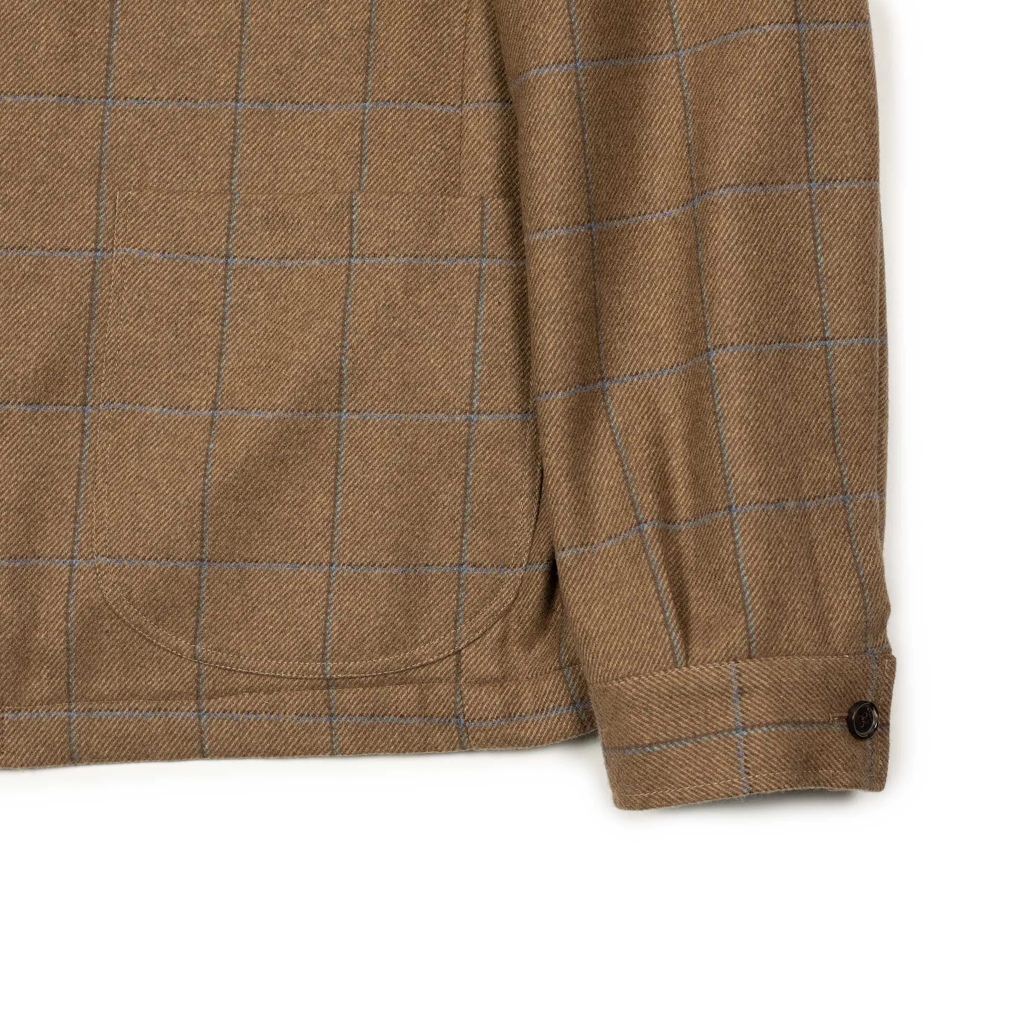 x Sartoria Carrara x Fox : chore jacket in deadstock Mocha wool flannel with brown and light blue windowpane