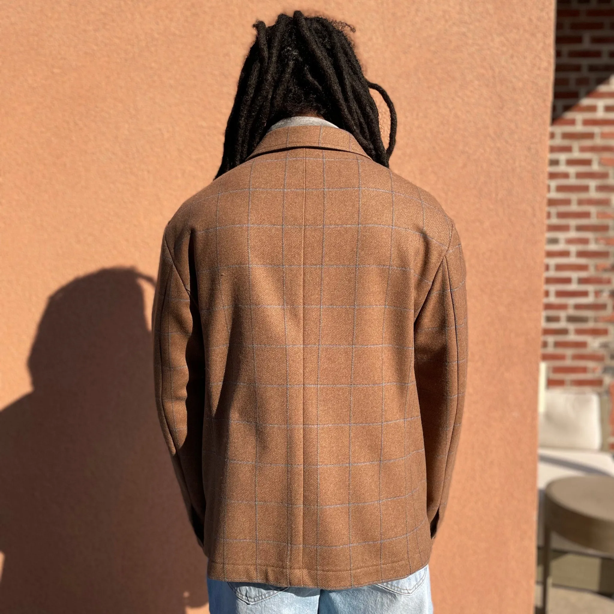 x Sartoria Carrara x Fox : chore jacket in deadstock Mocha wool flannel with brown and light blue windowpane