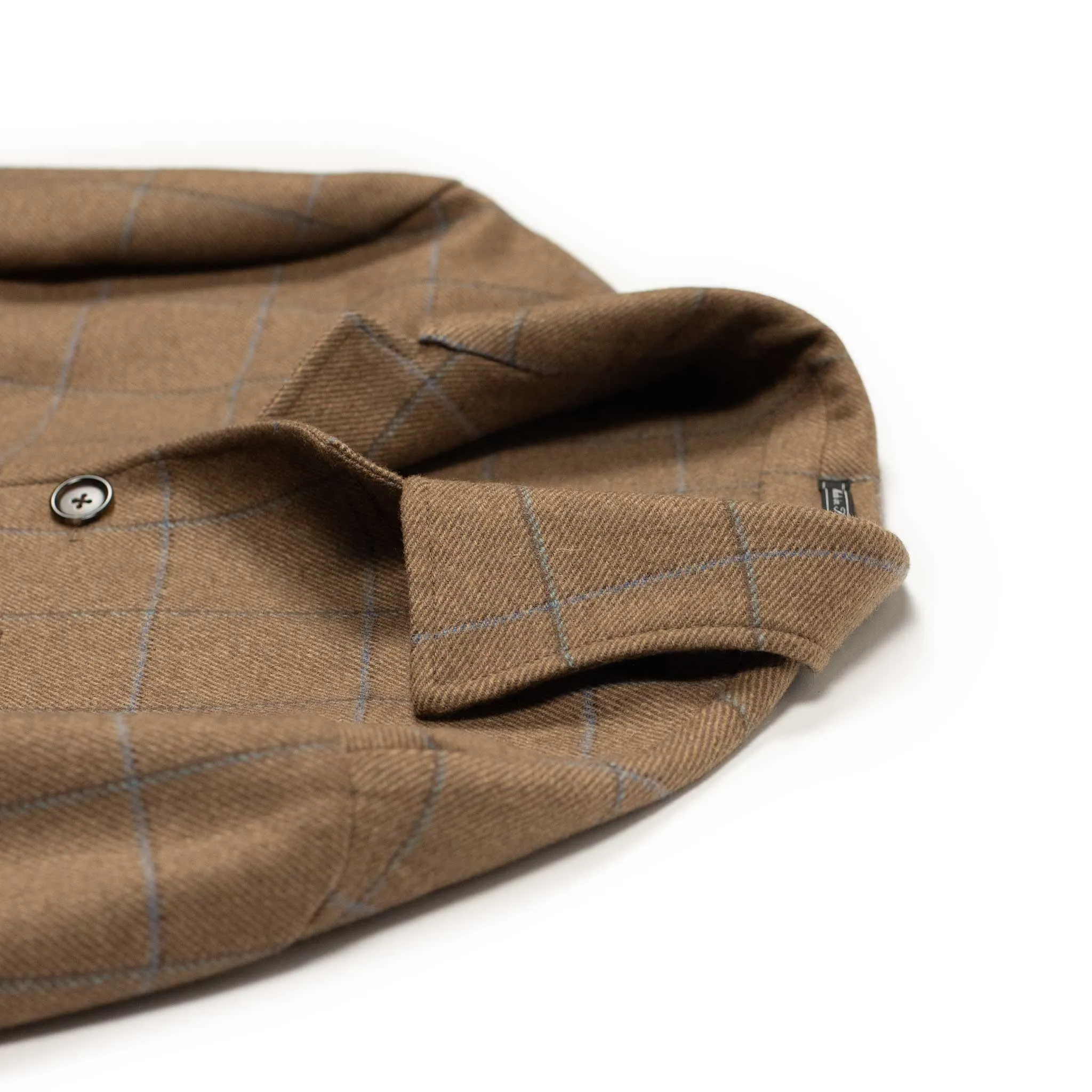 x Sartoria Carrara x Fox : chore jacket in deadstock Mocha wool flannel with brown and light blue windowpane