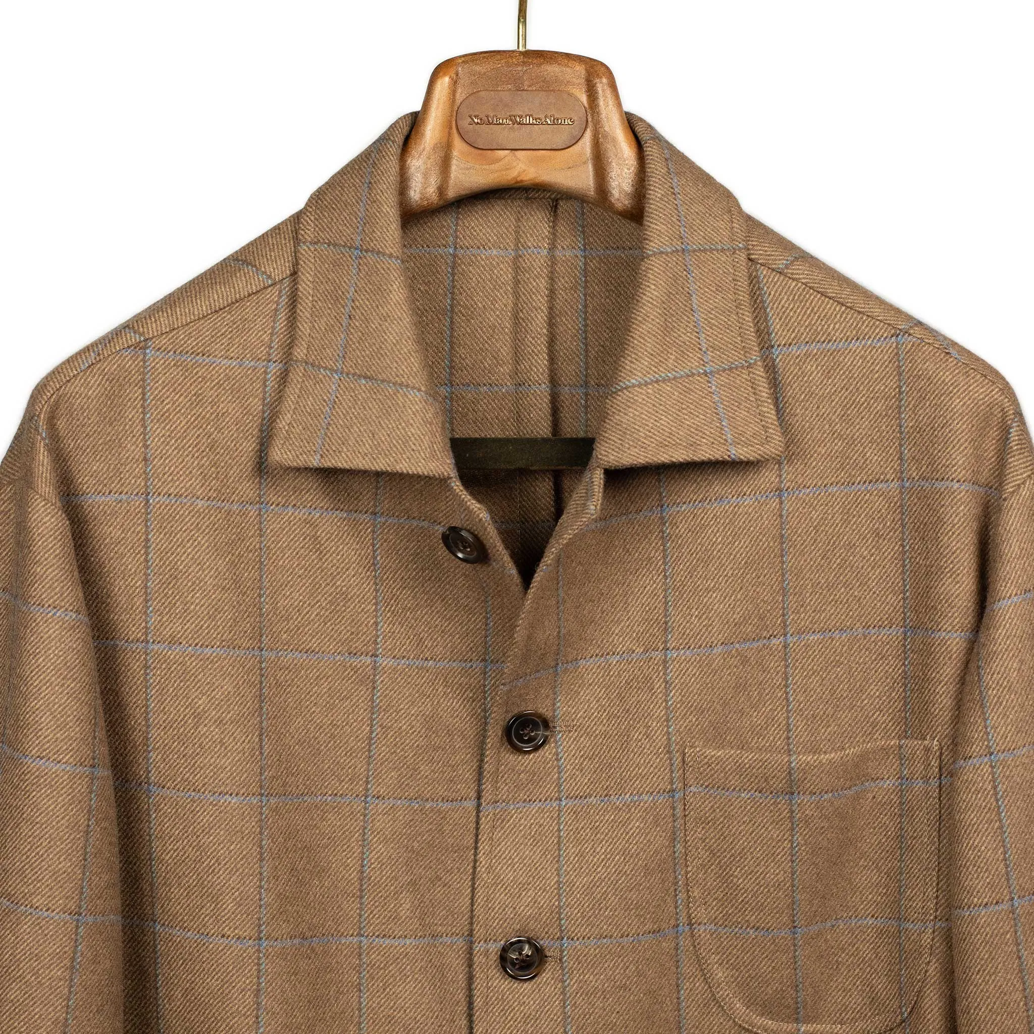 x Sartoria Carrara x Fox : chore jacket in deadstock Mocha wool flannel with brown and light blue windowpane