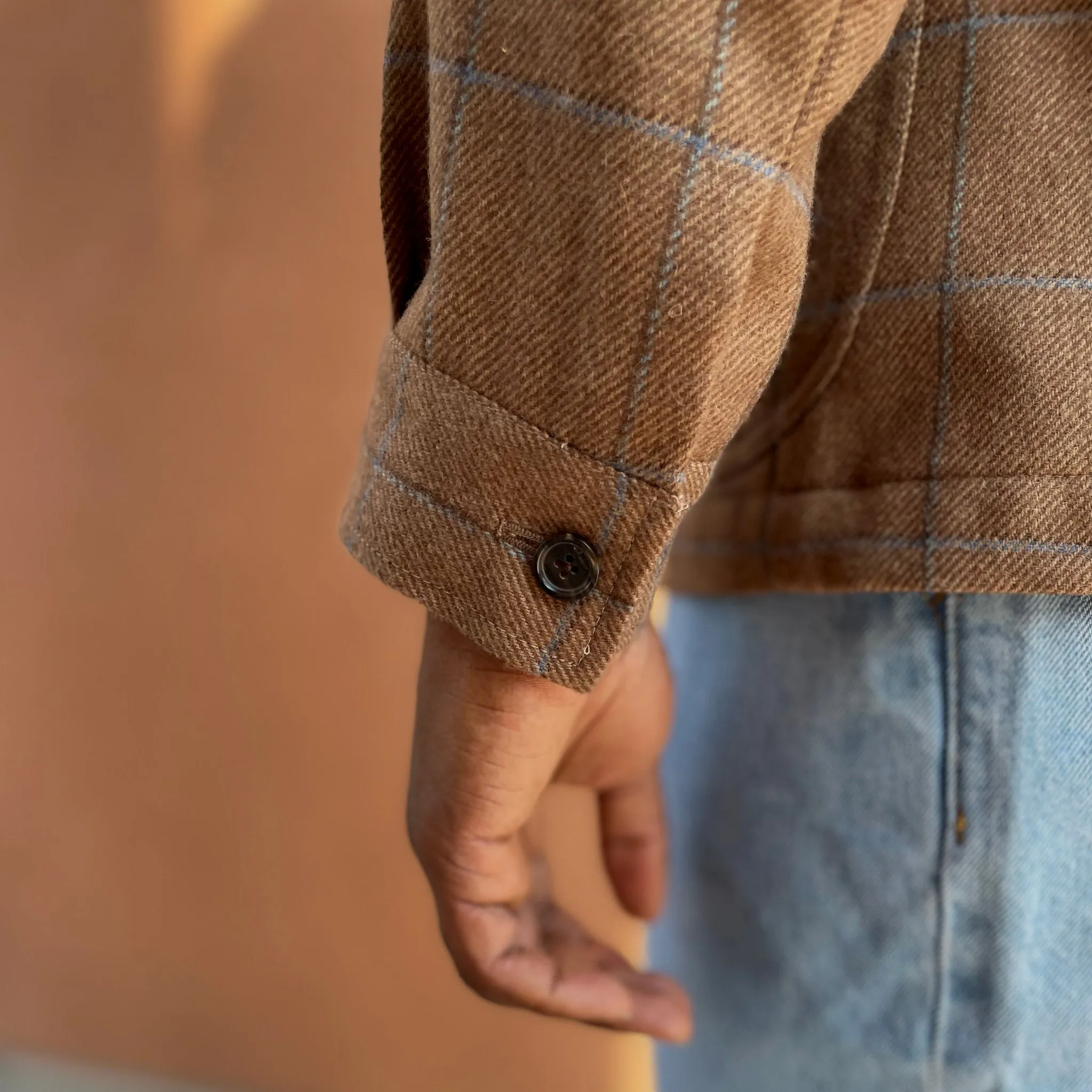 x Sartoria Carrara x Fox : chore jacket in deadstock Mocha wool flannel with brown and light blue windowpane