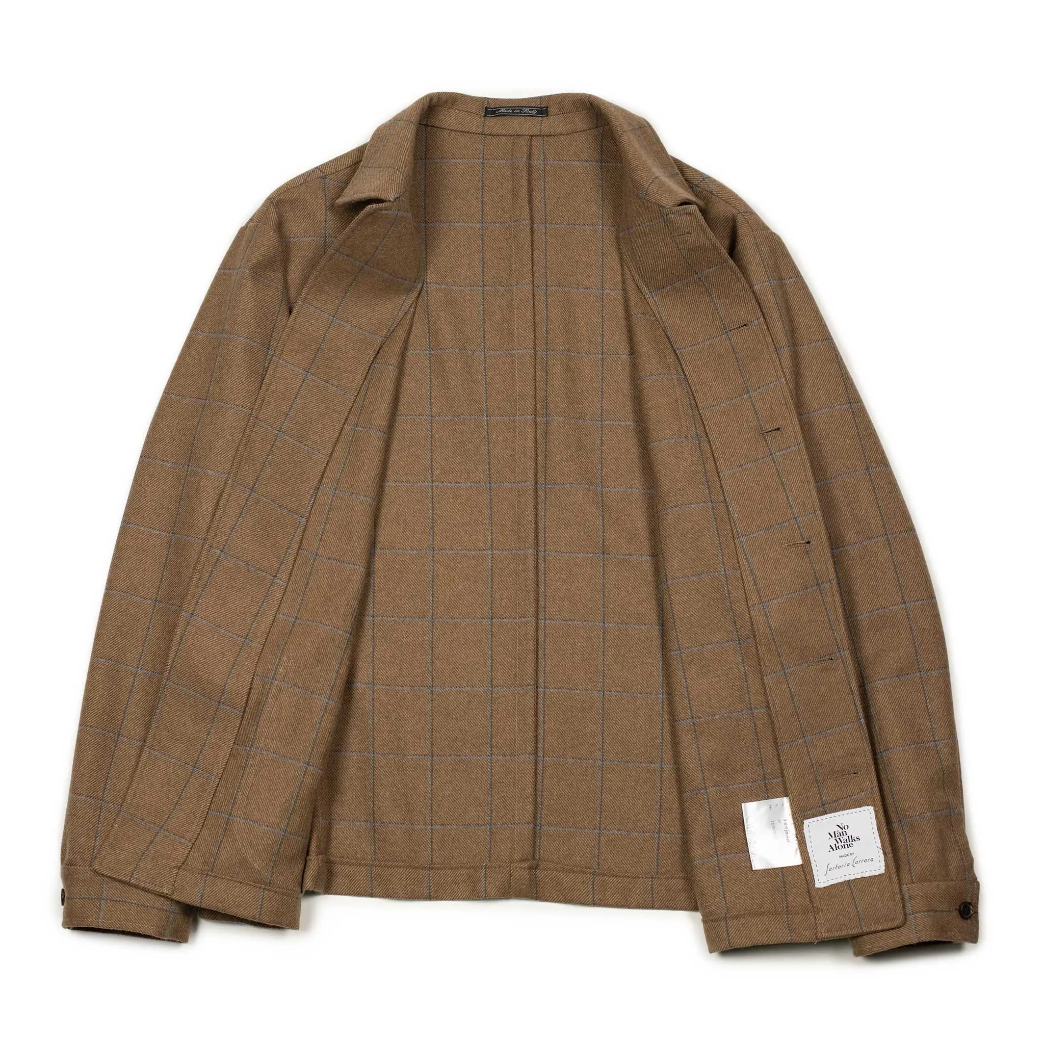 x Sartoria Carrara x Fox : chore jacket in deadstock Mocha wool flannel with brown and light blue windowpane