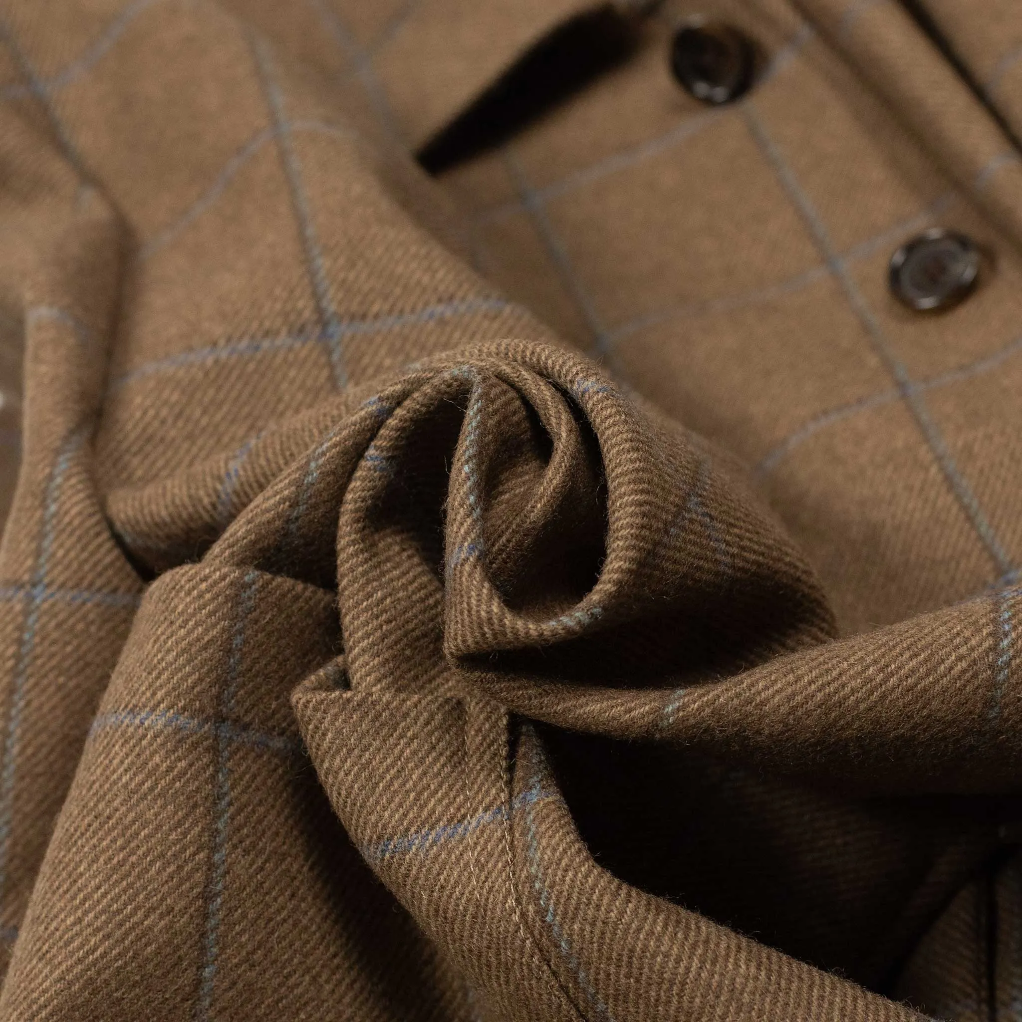 x Sartoria Carrara x Fox : chore jacket in deadstock Mocha wool flannel with brown and light blue windowpane